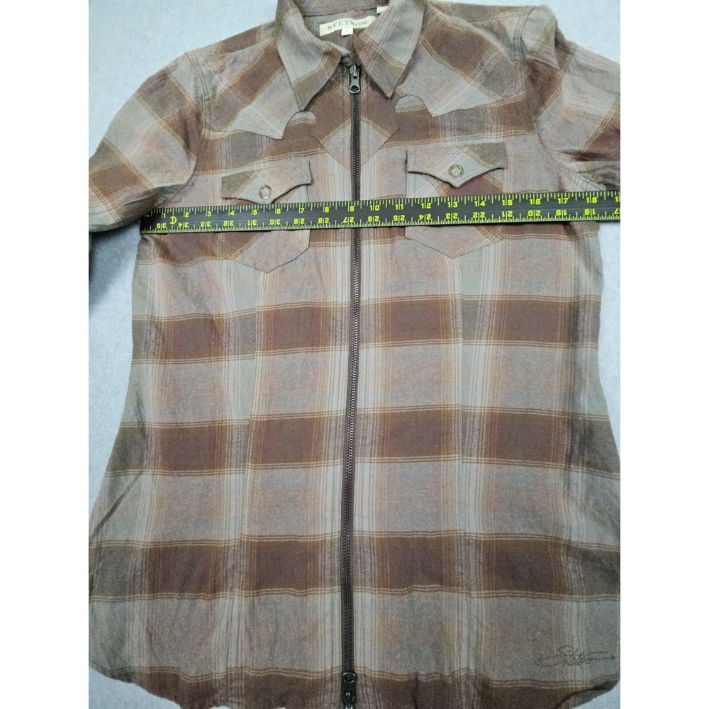 Stetson Women's M Brown Plaid Check Full Zip 100% Cotton Shirt CowgirlCore NWT - Picture 11 of 13